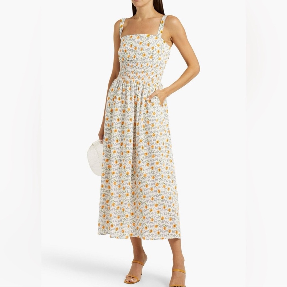 HVN Laura Long Smocked Dress A Rose Script Floral Midi White Orange Cotton NWT